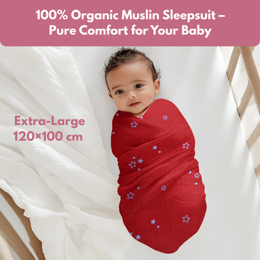 Muslin Swaddle Blanket for Newborn Baby (120 x 100 cm, Red little star printed , Pack of 1)