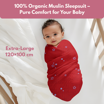Muslin Swaddle Blanket for Newborn Baby (120 x 100 cm, Red little star printed , Pack of 1)