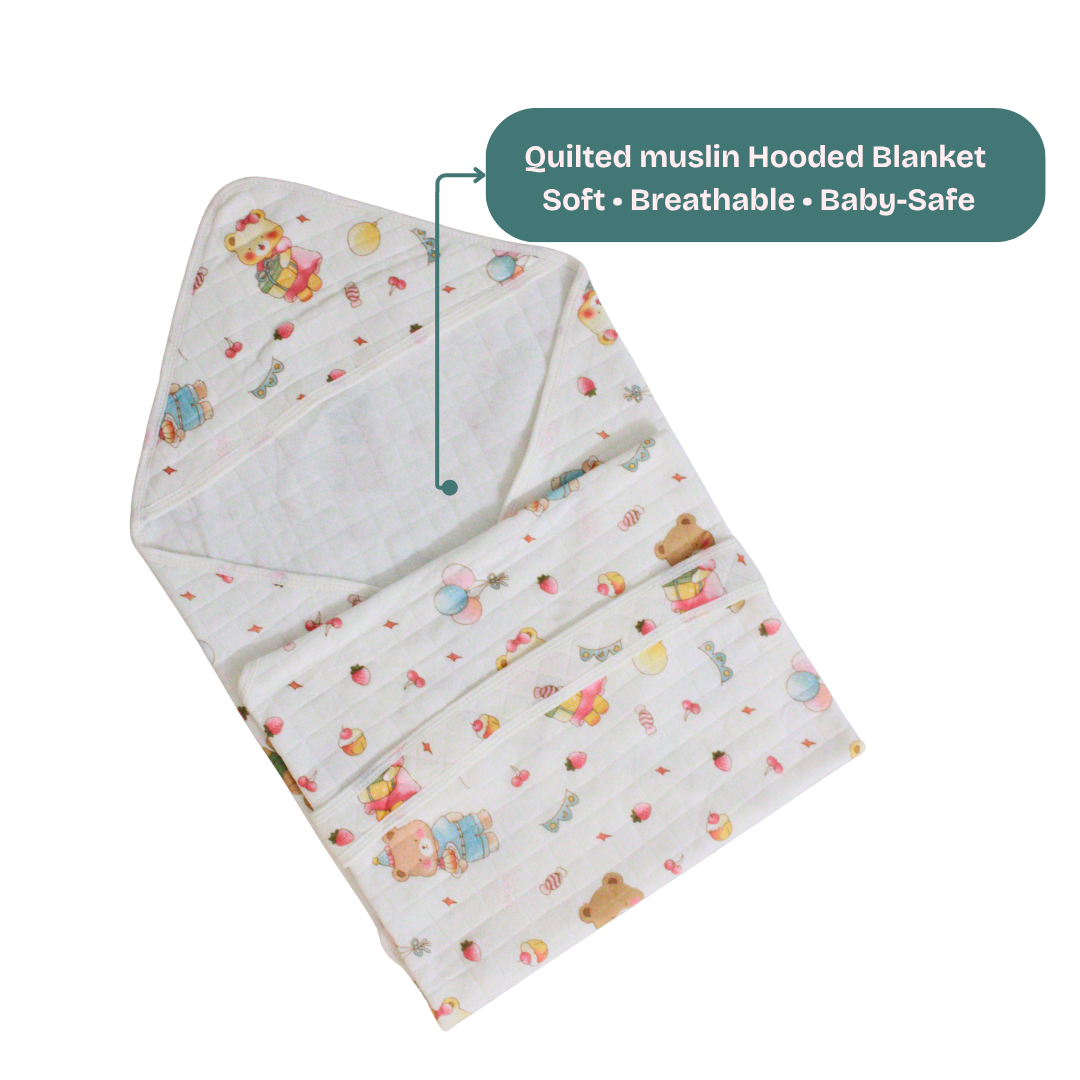 Sweet Teddy Party Print – Muslin Quilted Hooded Blanket with Belt | 85 x 85 cm | Pack of 1