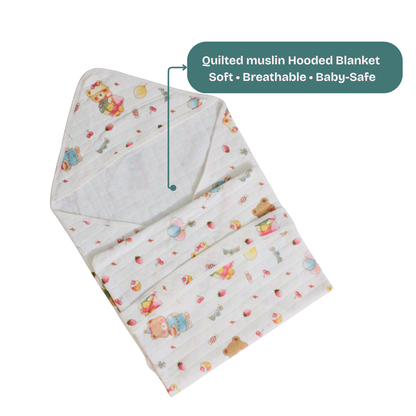 Sweet Teddy Party Print – Muslin Quilted Hooded Blanket with Belt | 85 x 85 cm | Pack of 1