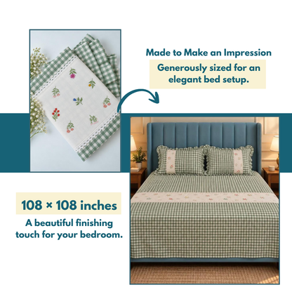 Sage Green Pure Cotton Floral Embroidered Bedspread with Lace Border – 108 × 108 Inches