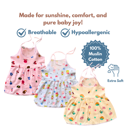 Muslin Cotton Baby Frocks | Pack of 3 | Ultra-Soft, knot-frocks