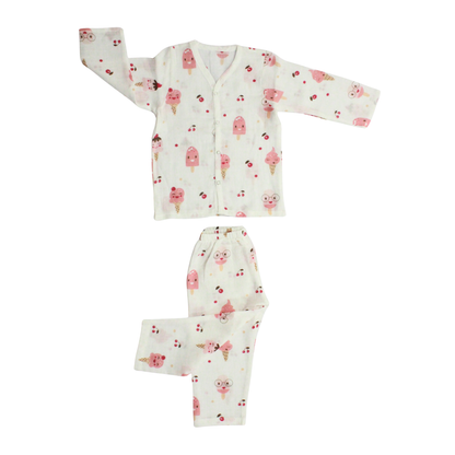 Organic Muslin Sleepsuit | Full Sleeve Top & Pant (Pack of 1, Fun Ice cream Print)
