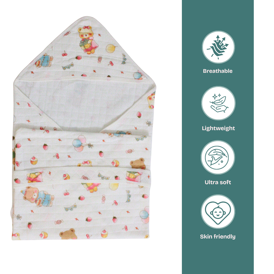 Sweet Teddy Party Print – Muslin Quilted Hooded Blanket with Belt | 85 x 85 cm | Pack of 1