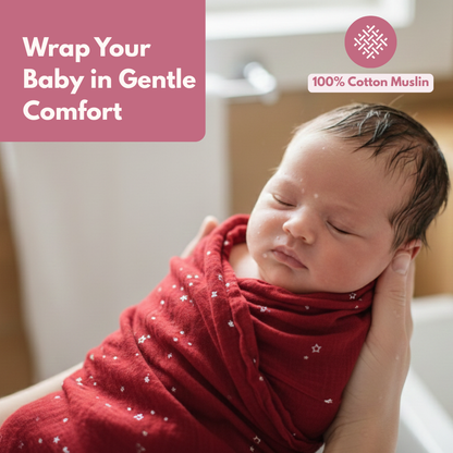 Muslin Swaddle Blanket for Newborn Baby (120 x 100 cm, Red little star printed , Pack of 1)