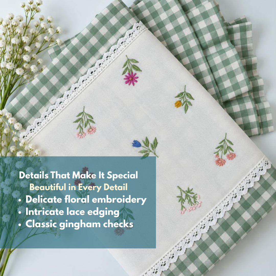 Sage Green Pure Cotton Floral Embroidered Bedspread with Lace Border – 108 × 108 Inches