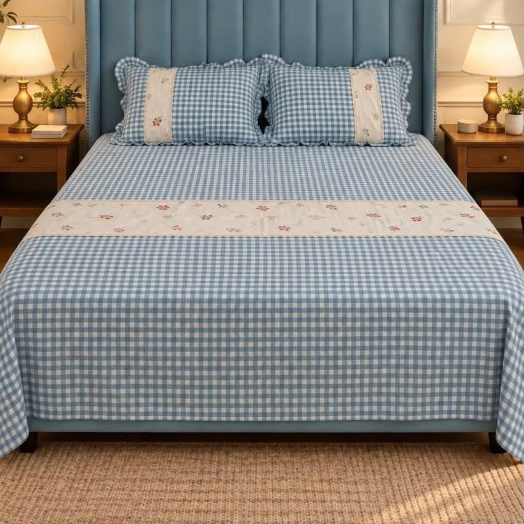 Sky Blue Pure Cotton Floral Embroidered Bedspread with Lace Border – 108 × 108 Inches