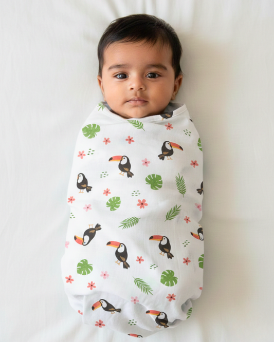 Tropical Toucan Tales 100% GOTS Certified | Double Layer | Muslin Swaddle (120 × 100 cm)