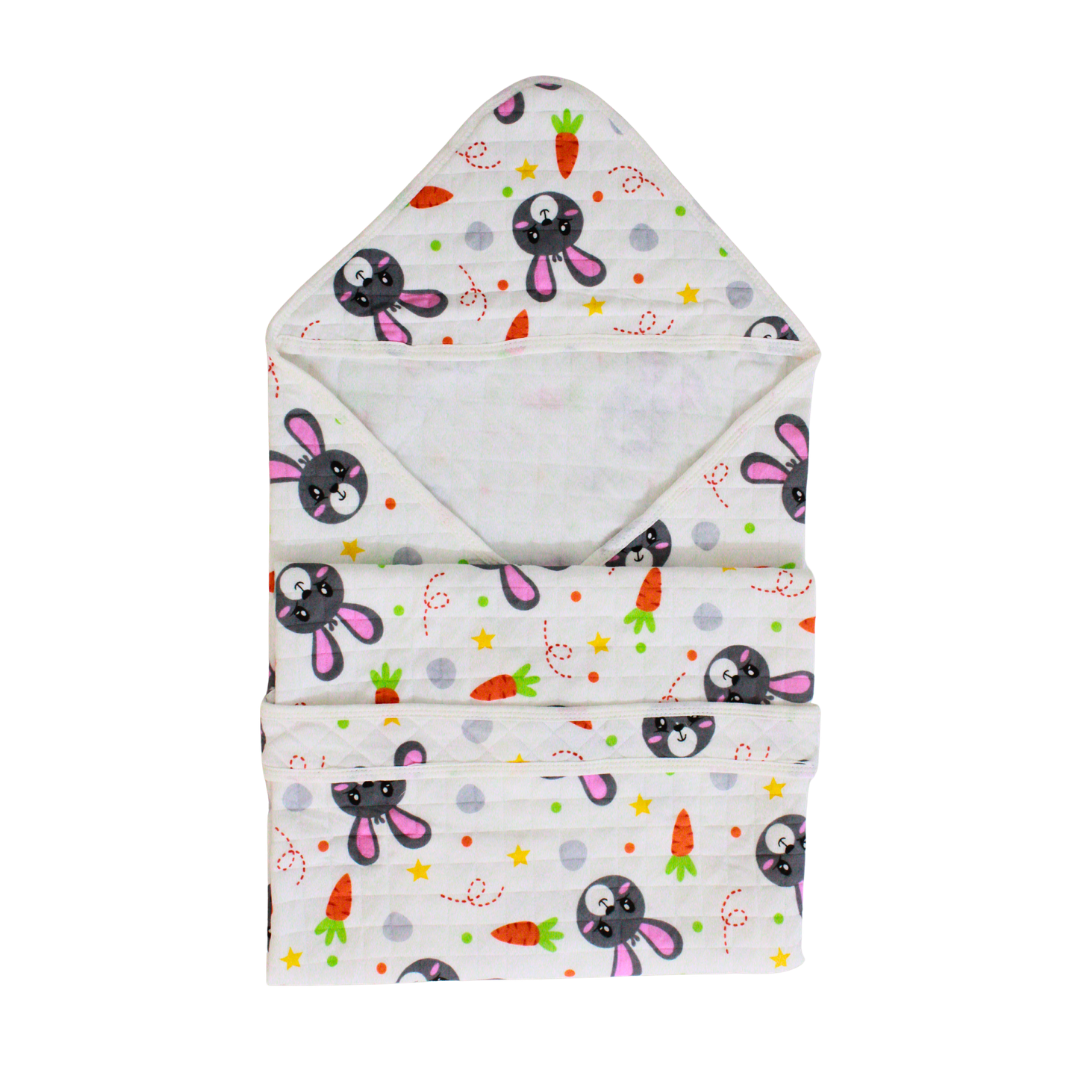 Bunny & Carrot Print – Muslin Quilted Hooded Blanket with Belt | 85 x 85 cm | Pack of 1