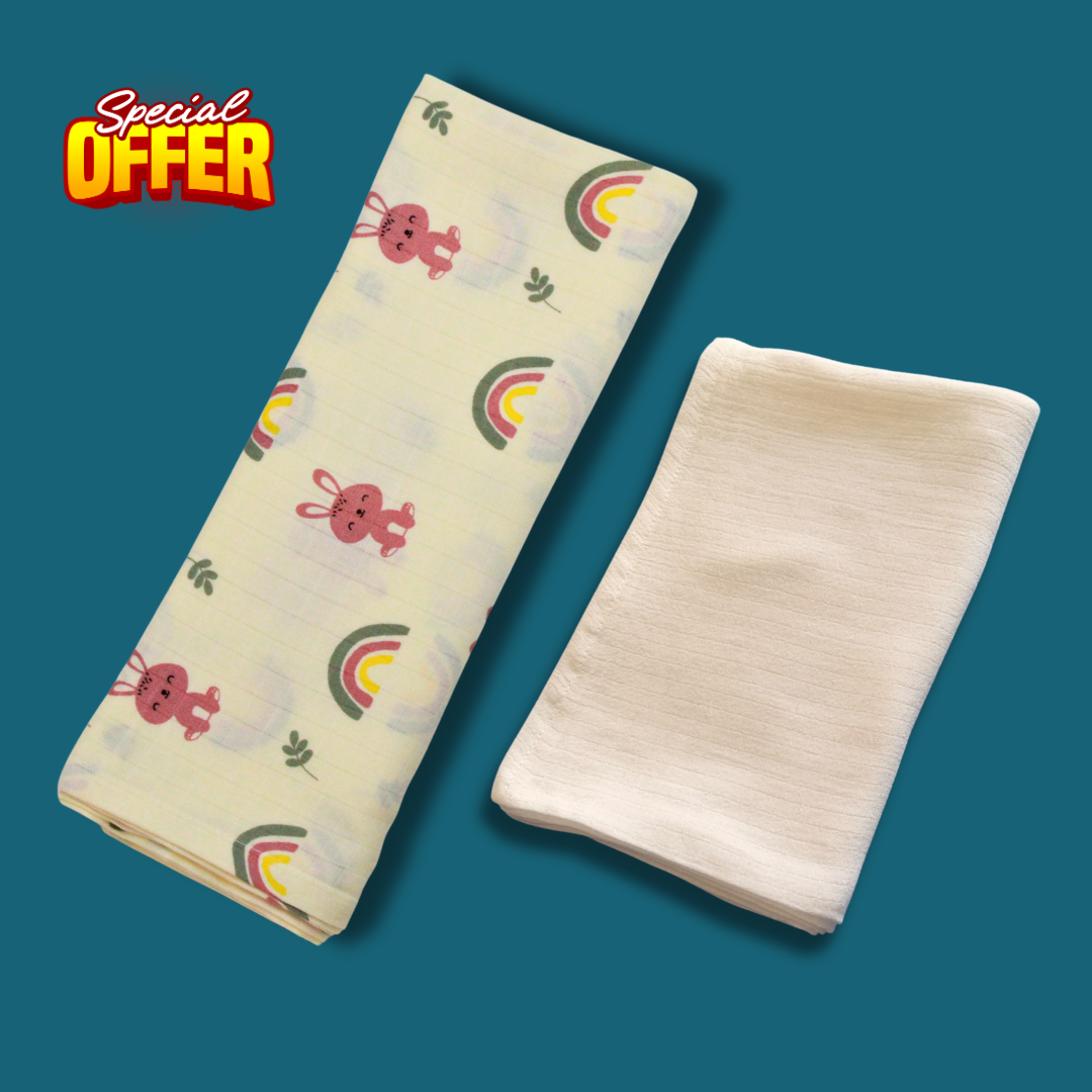 Rainbow Bunny Printed & Solid Baby Bath Towel Combo