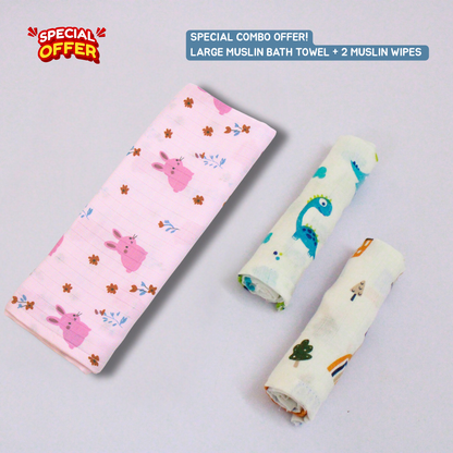 Blush Bunny Baby Muslin Towel Set (145 x 70 cm) + 2 Wipes (10x10 inch)