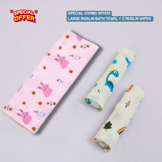 Blush Bunny Baby Muslin Towel Set (145 x 70 cm) + 2 Wipes (10x10 inch)