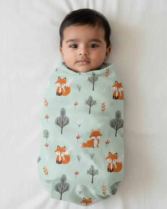 100% GOTS Certified | Double Layer | Forest Fox Friends Muslin Swaddle (120 × 100 cm)