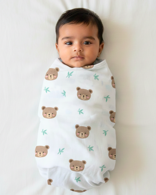 Cuddly Bear Hugs 100% GOTS Certified | Double Layer | Muslin Swaddle (110 × 100 cm)
