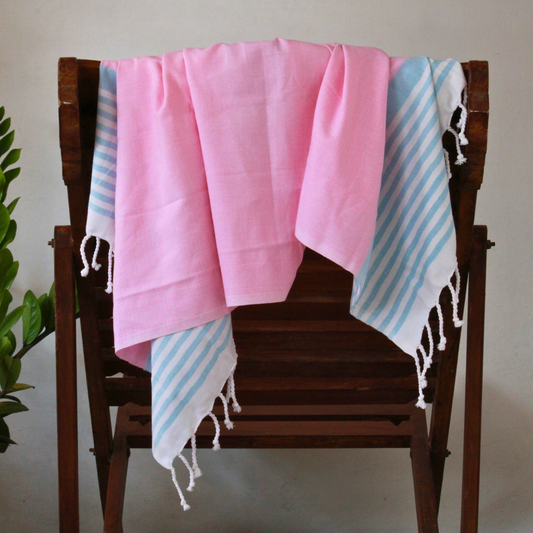 Premium Cotton Bath Towel 150 x 75 cm | Pack of 1 (Pink with Sky Blue Striped Border)