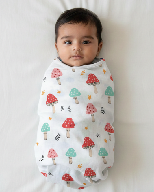 Mushroom Meadow Magic 100% GOTS Certified | Double Layer | Muslin Swaddle (120 × 100 cm)