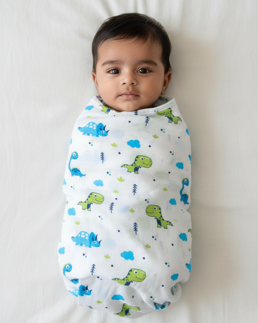 Dino Dreamland 100% GOTS Certified | Double Layer Muslin Swaddle (120 × 100 cm)