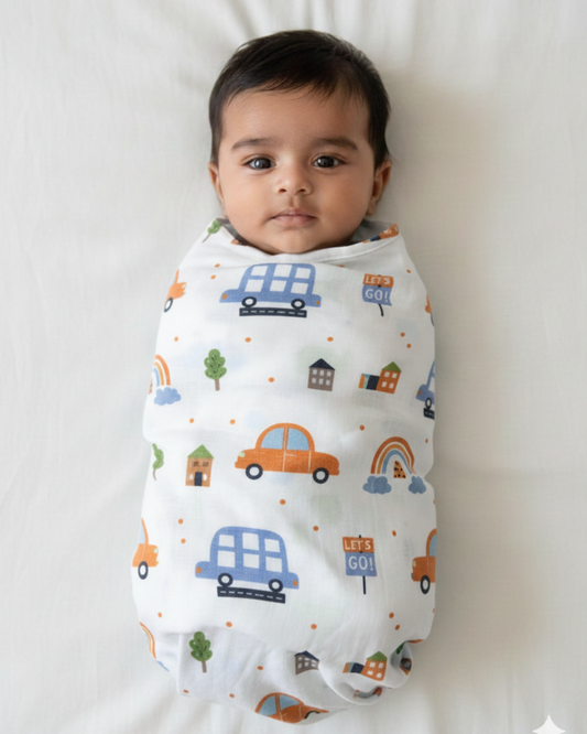 Little Road Trip 100% GOTS Certified | Double Layer | Muslin Swaddle (110 × 100 cm)