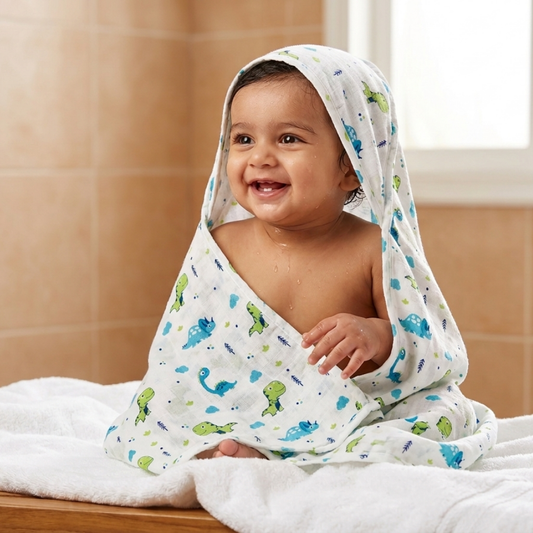 100% Organic Muslin Cotton Baby Bath Towel (70 x 140 cm) – Dino Fun Print | Ultra Soft | 0–2 Years | Pack of 1
