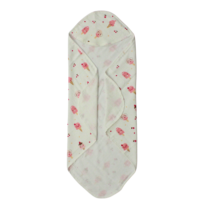 Muslin Hooded Blanket for Newborn Baby (ice cream print, 75 x 75 cm, pack of 1)