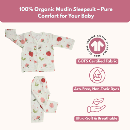Organic Muslin Sleepsuit | Full Sleeve Top & Pant (Pack of 1, Strawberry Print)