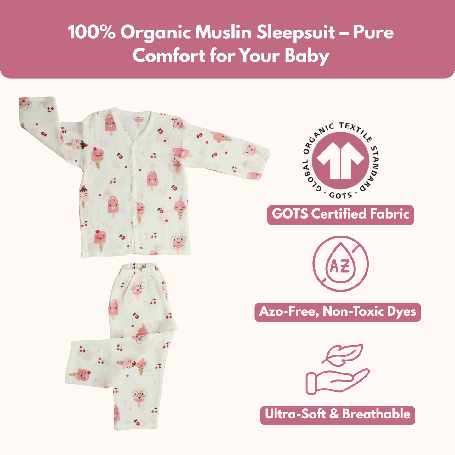 Organic Muslin Sleepsuit | Full Sleeve Top & Pant (Pack of 1, Fun Ice cream Print)