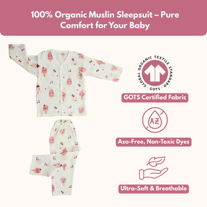 Organic Muslin Sleepsuit | Full Sleeve Top & Pant (Pack of 1, Fun Ice cream Print)