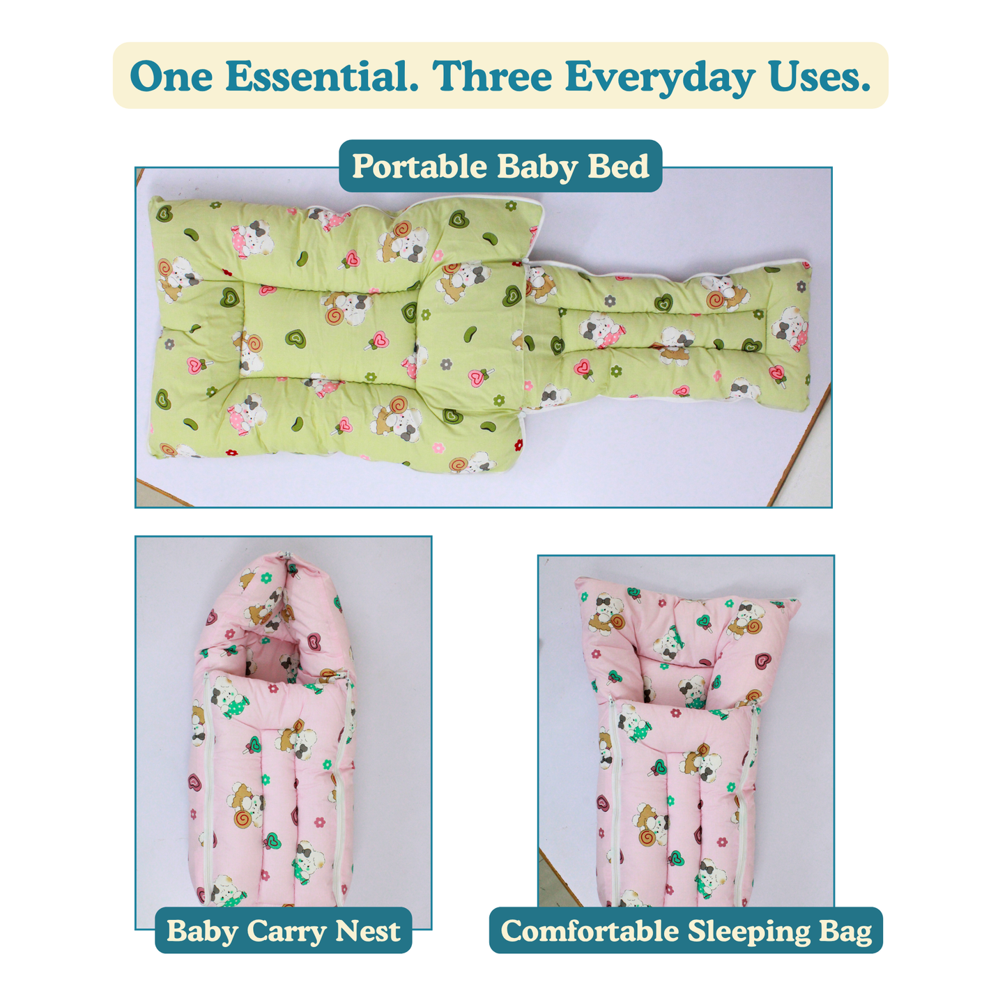 Sweet Bunny Premium Cotton Baby Carry Nest with Hood & Secure Zip (0–6 Months)