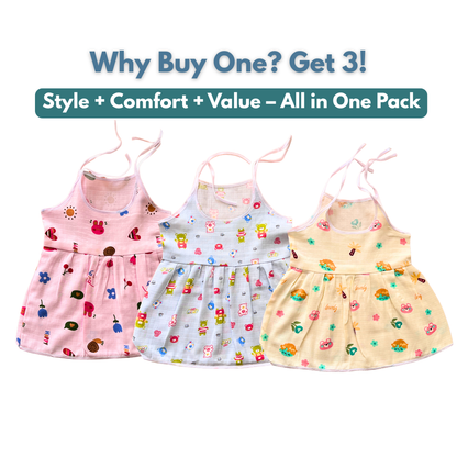 Muslin Cotton Baby Frocks | Pack of 3 | Ultra-Soft, knot-frocks