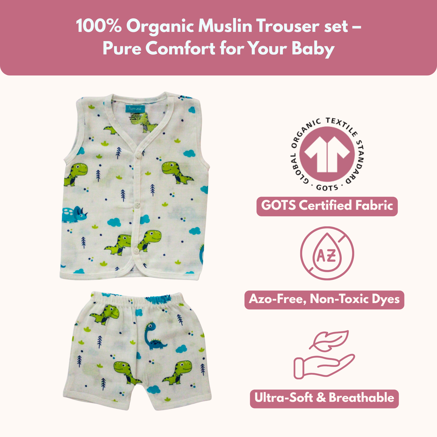 Dino Dreams Muslin Trouser Set | Pack of 1 | 3-6 Month