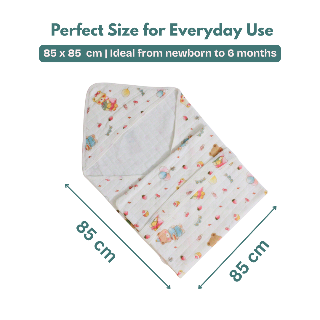 Sweet Teddy Party Print – Muslin Quilted Hooded Blanket with Belt | 85 x 85 cm | Pack of 1