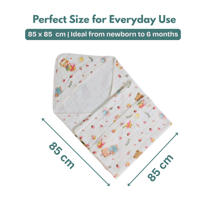 Sweet Teddy Party Print – Muslin Quilted Hooded Blanket with Belt | 85 x 85 cm | Pack of 1