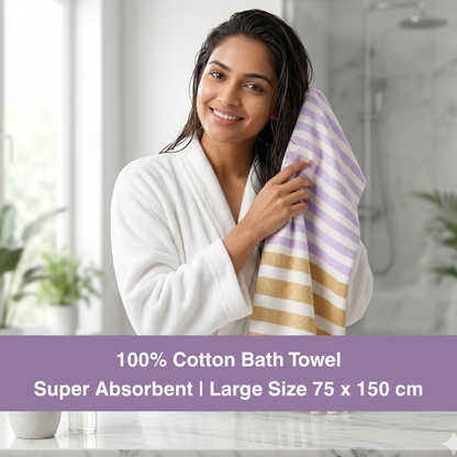 Premium Cotton Bath Towel 150 x 75 cm | Pack of 1 (Lavender with Mustard stripes)