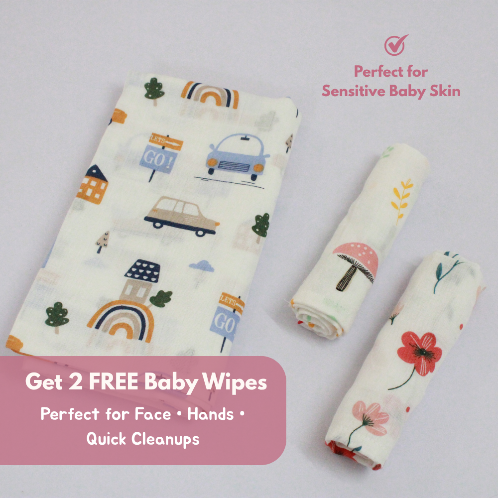 Happy Cars Baby Muslin Towel Set (120 x 100 cm) + 2 Free Wipes (10x10 inch)
