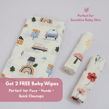 Happy Cars Baby Muslin Towel Set (120 x 100 cm) + 2 Free Wipes (10x10 inch)