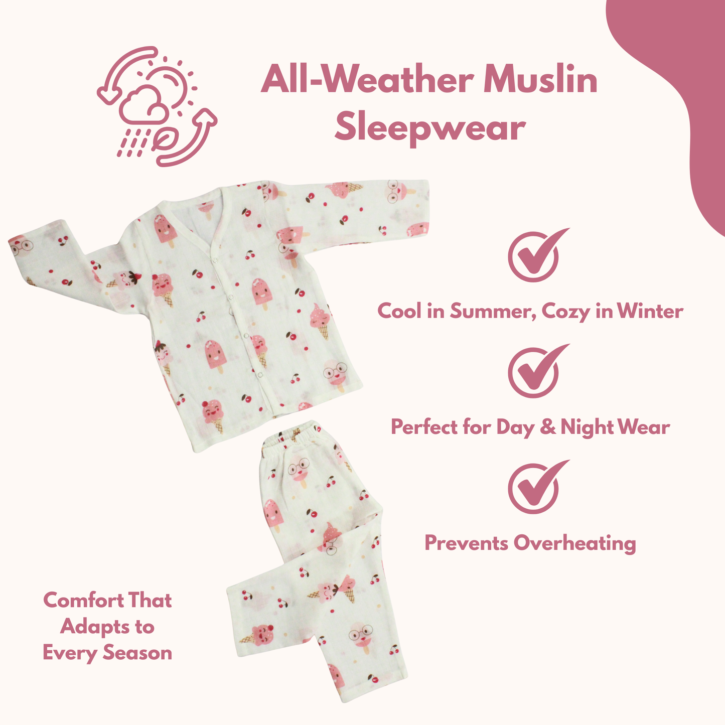 Organic Muslin Sleepsuit | Full Sleeve Top & Pant (Pack of 1, Fun Ice cream Print)