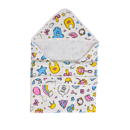 Baby Essentials Print – Muslin Quilted Hooded Blanket with Belt | 85 x 85 cm | Pack of 1