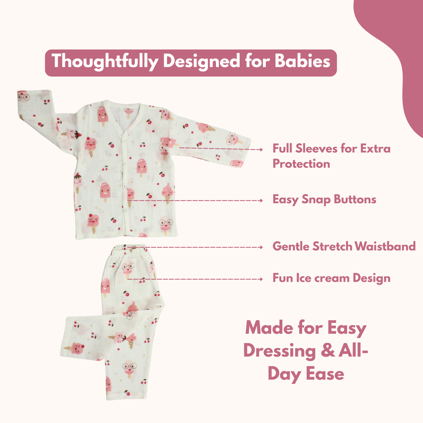 Organic Muslin Sleepsuit | Full Sleeve Top & Pant (Pack of 1, Fun Ice cream Print)