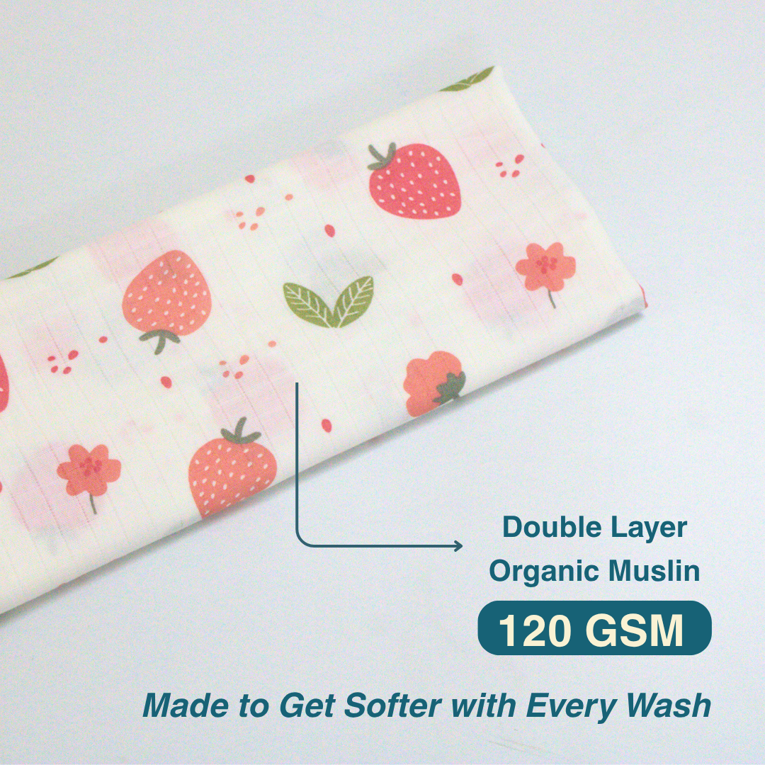 Sweet Strawberry 100% Organic Muslin Baby Bath Towel (100 × 70 cm)