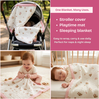 6 Layer Little Teddy Garden Print Baby Blanket 110x100 cm - Pack of 1