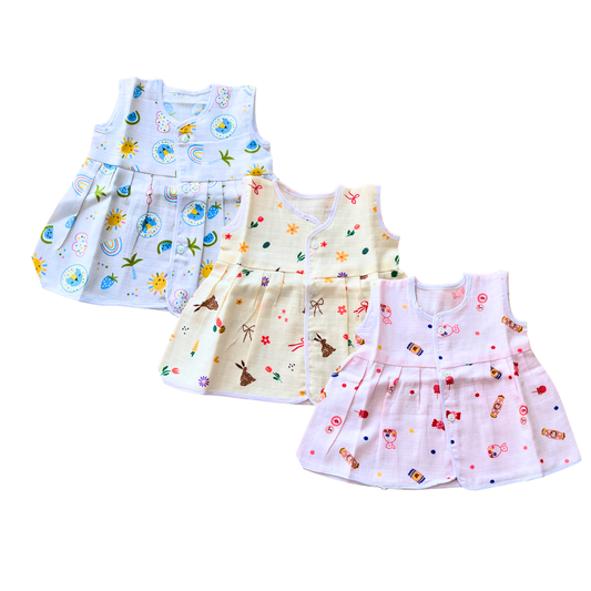 Muslin Cotton Baby Frocks | Pack of 3 | Ultra-Soft, Front-Open Design