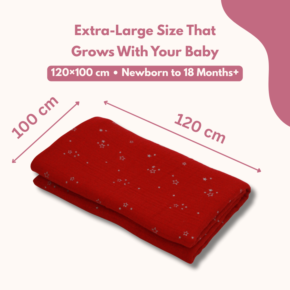Muslin Swaddle Blanket for Newborn Baby (120 x 100 cm, Red little star printed , Pack of 1)
