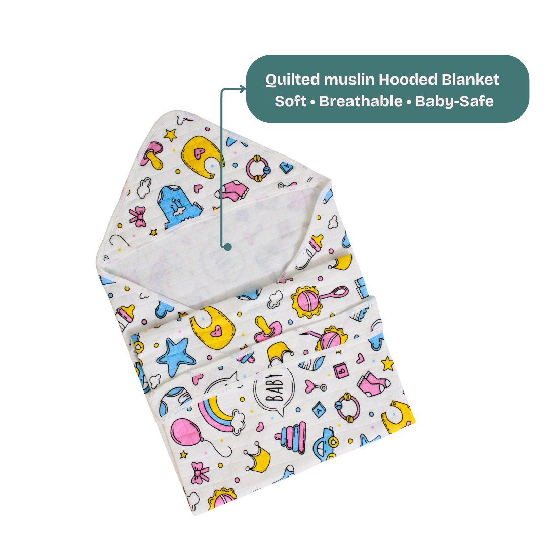 Baby Essentials Print – Muslin Quilted Hooded Blanket with Belt | 85 x 85 cm | Pack of 1