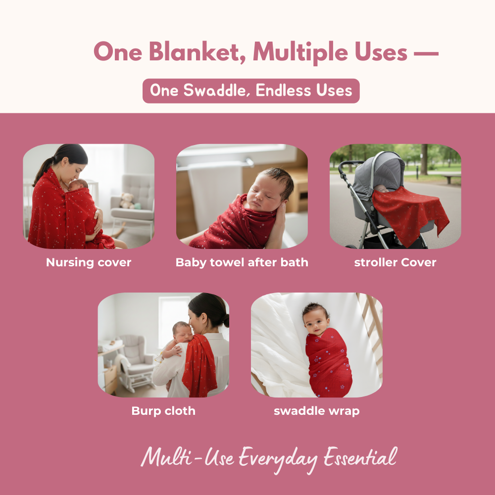 Muslin Swaddle Blanket for Newborn Baby (120 x 100 cm, Red little star printed , Pack of 1)