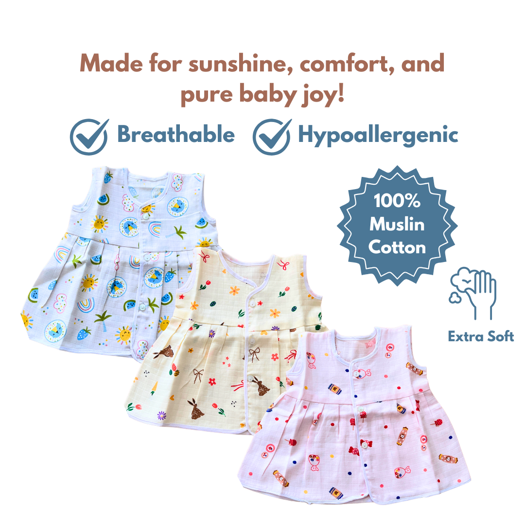 Muslin Cotton Baby Frocks | Pack of 3 | Ultra-Soft, Front-Open Design