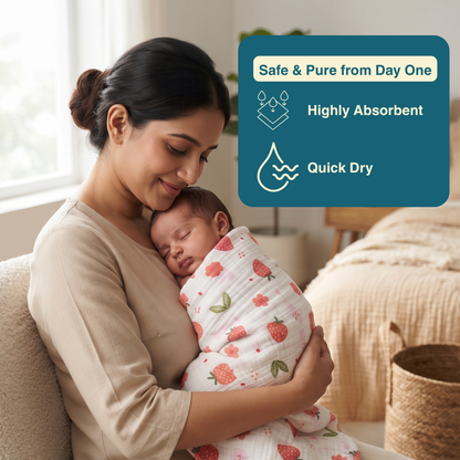 Sweet Strawberry 100% Organic Muslin Baby Bath Towel (100 × 70 cm)