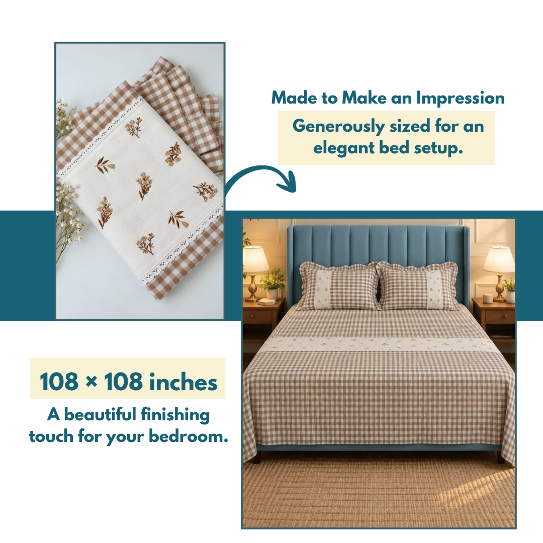 warm Beige Cotton Floral Embroidered Bedspread with Lace Border – 108 × 108 Inches