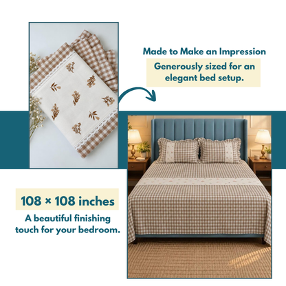 warm Beige Cotton Floral Embroidered Bedspread with Lace Border – 108 × 108 Inches