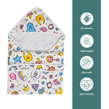 Baby Essentials Print – Muslin Quilted Hooded Blanket with Belt | 85 x 85 cm | Pack of 1