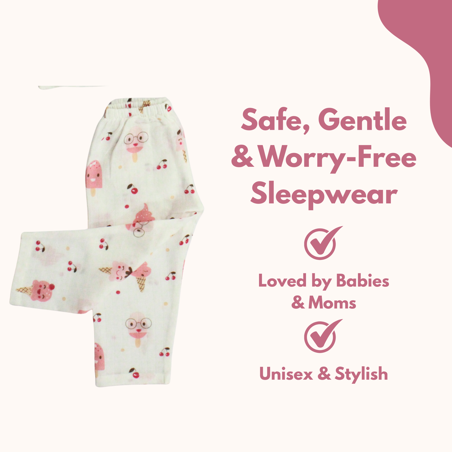Organic Muslin Sleepsuit | Full Sleeve Top & Pant (Pack of 1, Fun Ice cream Print)